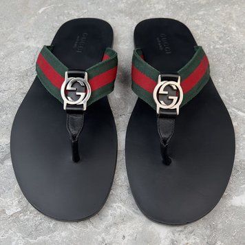 Web Interlocking GG Thong Sandals Black Leather