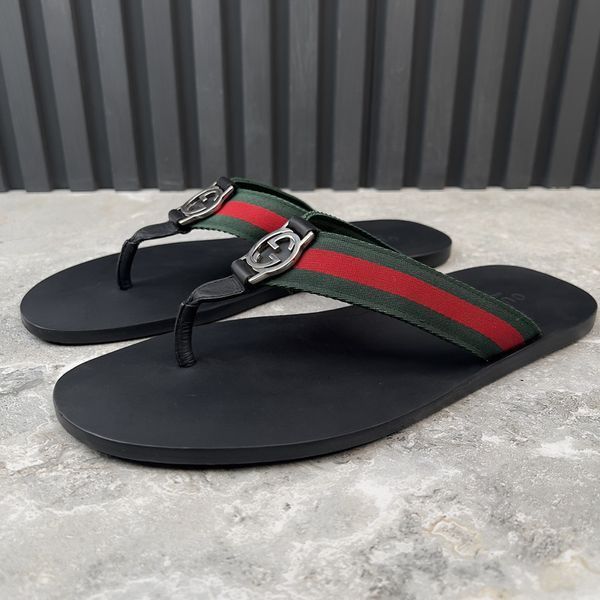 Web Interlocking GG Thong Sandals Black Leather