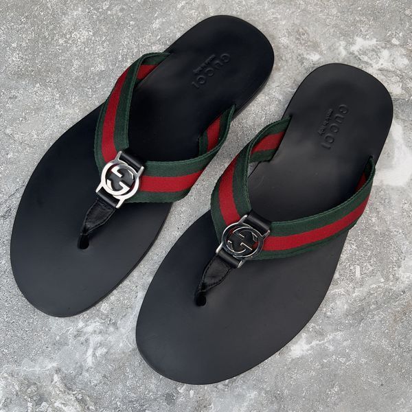 Web Interlocking GG Thong Sandals Black Leather