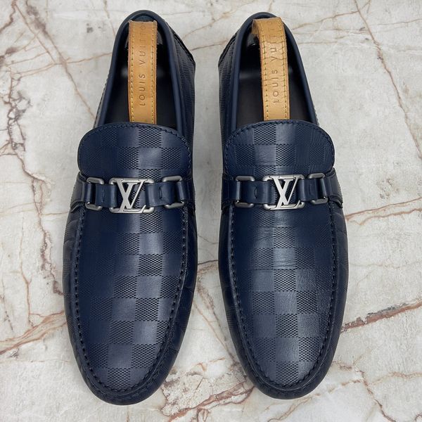Hockenheim Damier Driving Moccasin Blue Leather