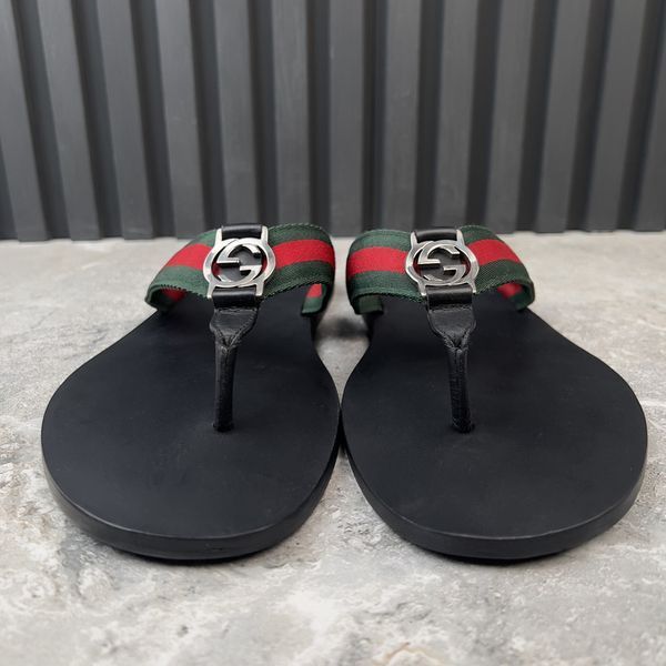 Web Interlocking GG Thong Sandals Black Leather