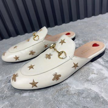 Princetown Horsebit Star & Bees Embroid Mule White Leather