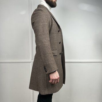 Coat Prince of Wales Brown Beige Check Wool Cashmere Blend