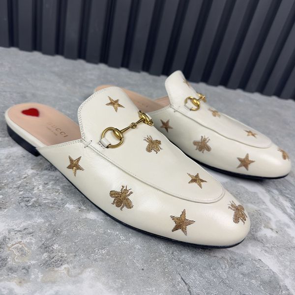 Princetown Horsebit Star & Bees Embroid Mule White Leather