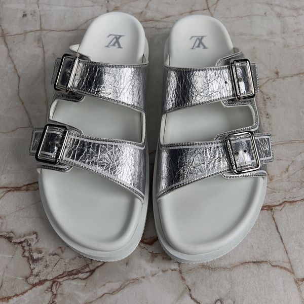 LV Trainer Line Sandals Silver Leather