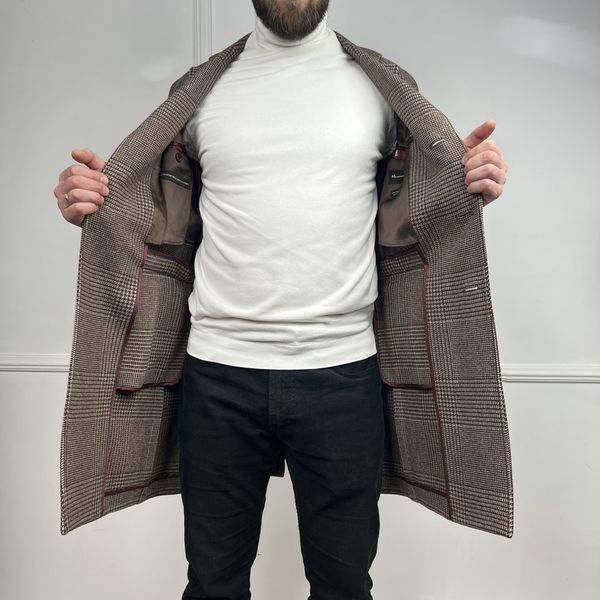 Coat Prince of Wales Brown Beige Check Wool Cashmere Blend