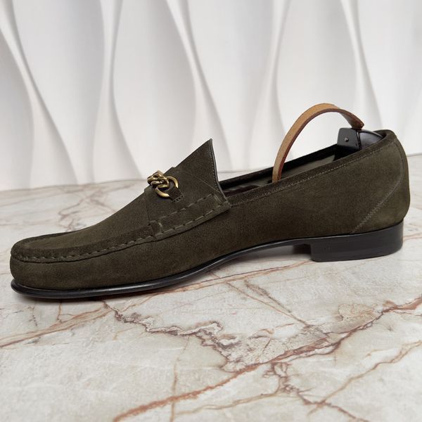 York Chain Penny Loafers Green Khaki Suede