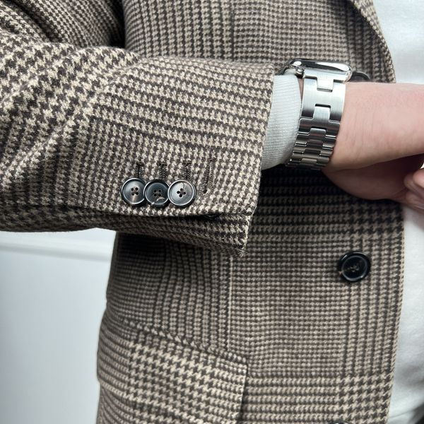 Coat Prince of Wales Brown Beige Check Wool Cashmere Blend
