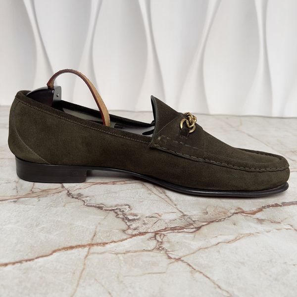 York Chain Penny Loafers Green Khaki Suede