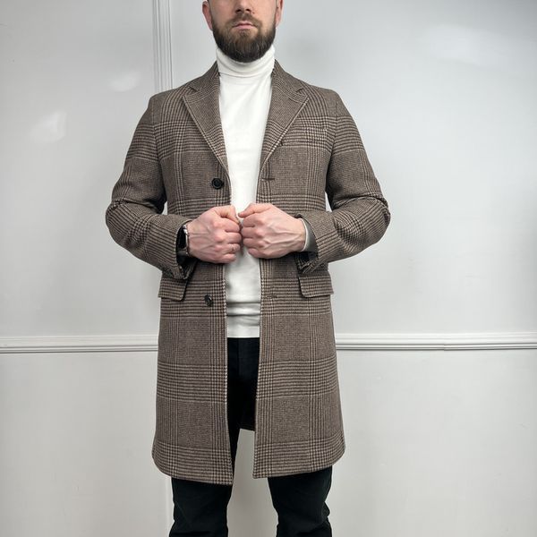 Coat Prince of Wales Brown Beige Check Wool Cashmere Blend