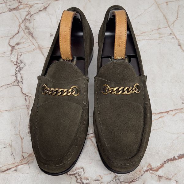 York Chain Penny Loafers Green Khaki Suede
