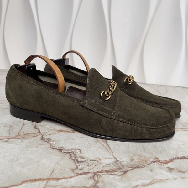 York Chain Penny Loafers Green Khaki Suede