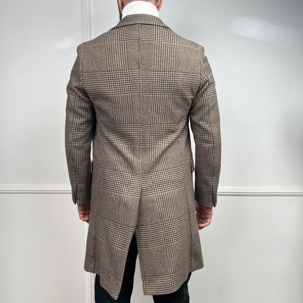 Coat Prince of Wales Brown Beige Check Wool Cashmere Blend