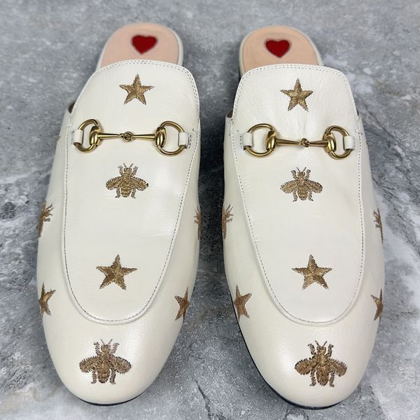 Princetown Horsebit Star & Bees Embroid Mule White Leather