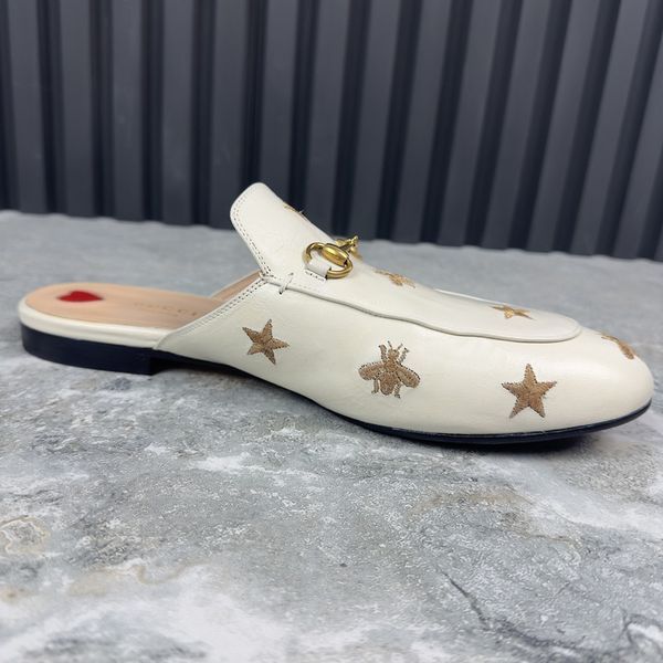 Princetown Horsebit Star & Bees Embroid Mule White Leather