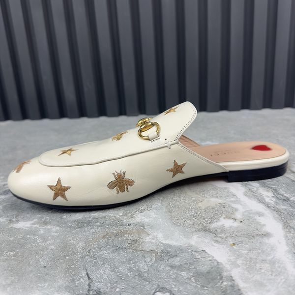 Princetown Horsebit Star & Bees Embroid Mule White Leather