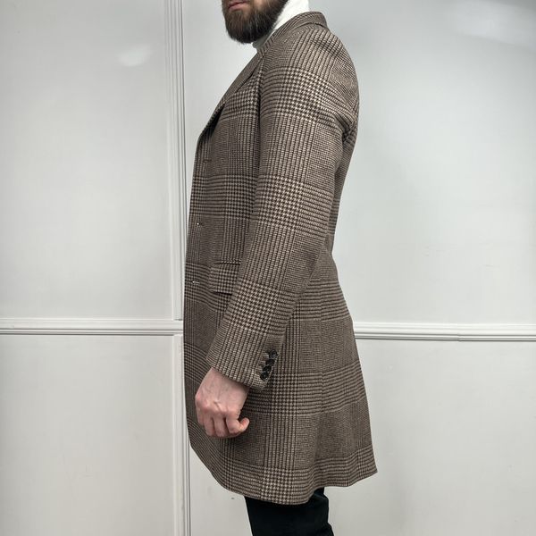 Coat Prince of Wales Brown Beige Check Wool Cashmere Blend