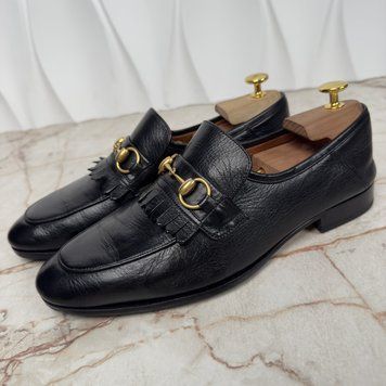 Horsebit Collapsible Fringe Loafers Black Leather