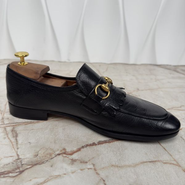 Horsebit Collapsible Fringe Loafers Black Leather