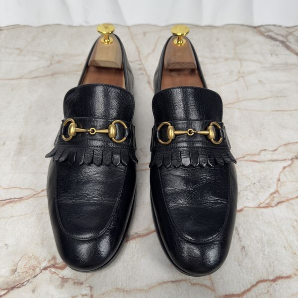 Horsebit Collapsible Fringe Loafers Black Leather