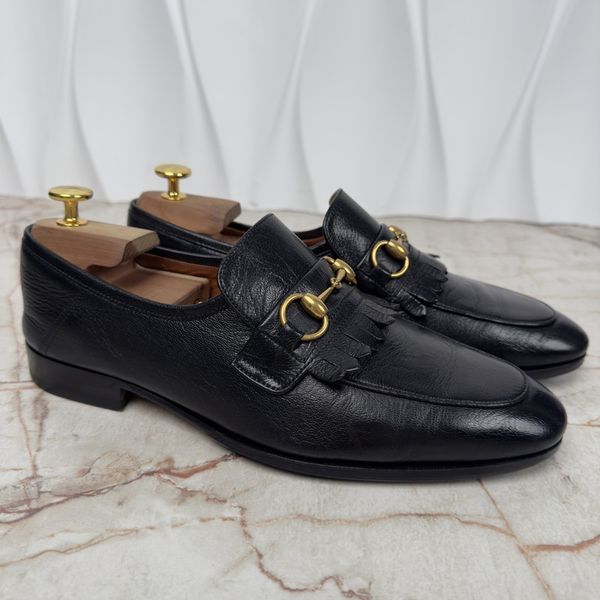 Horsebit Collapsible Fringe Loafers Black Leather