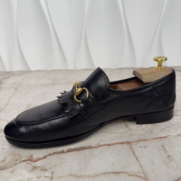 Horsebit Collapsible Fringe Loafers Black Leather