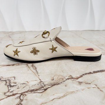 Princetown Horsebit Stars Bee Embroidered Mule White Leather