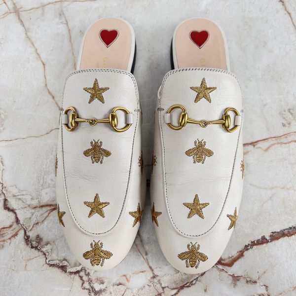 Princetown Horsebit Stars Bee Embroidered Mule White Leather