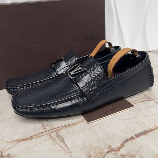 Monte Carlo Moccasins Herringbone Blue Glazed Leather