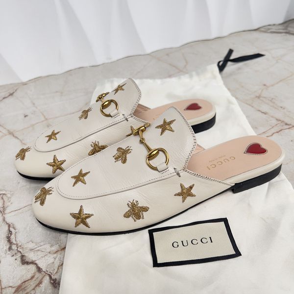 Princetown Horsebit Stars Bee Embroidered Mule White Leather