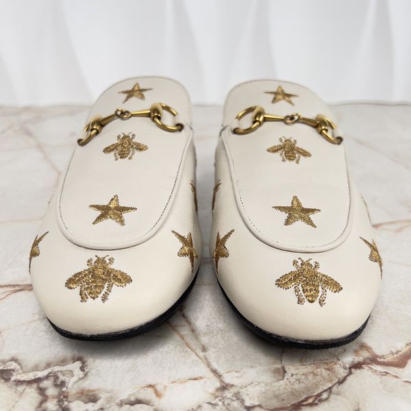 Princetown Horsebit Stars Bee Embroidered Mule White Leather