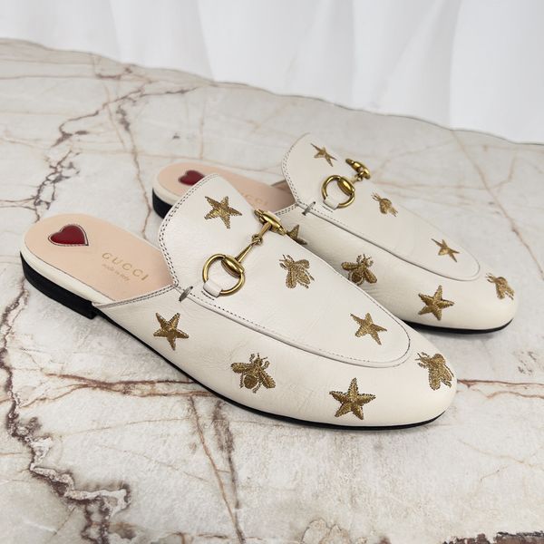 Princetown Horsebit Stars Bee Embroidered Mule White Leather
