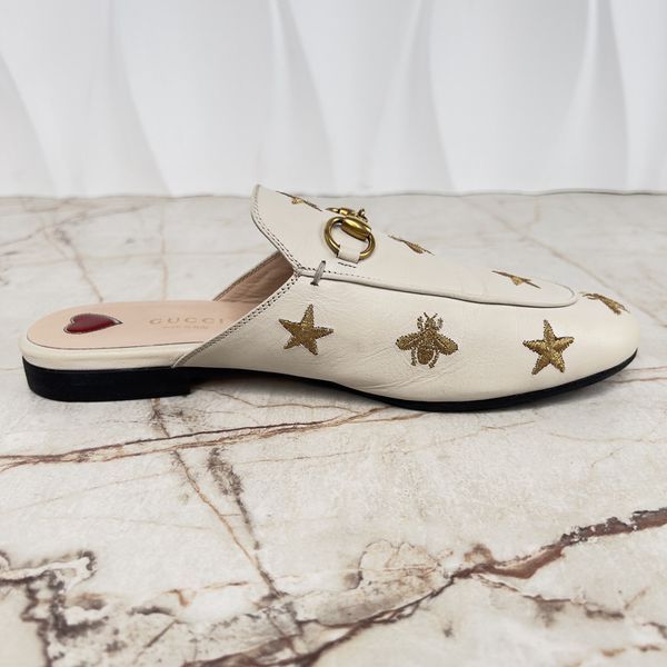 Princetown Horsebit Stars Bee Embroidered Mule White Leather