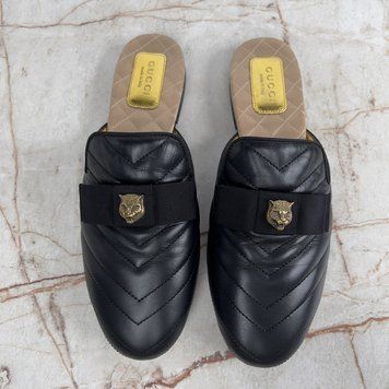 Matelasse Tiger Head Flat Mules Black Leather