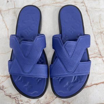 LV Oasis Mule Sandals Flip Flop Logo Embossed Monogram Blue Grained Leather