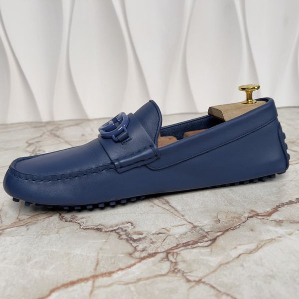 Double GG Interlocking Driving Moccasin Blue Leather