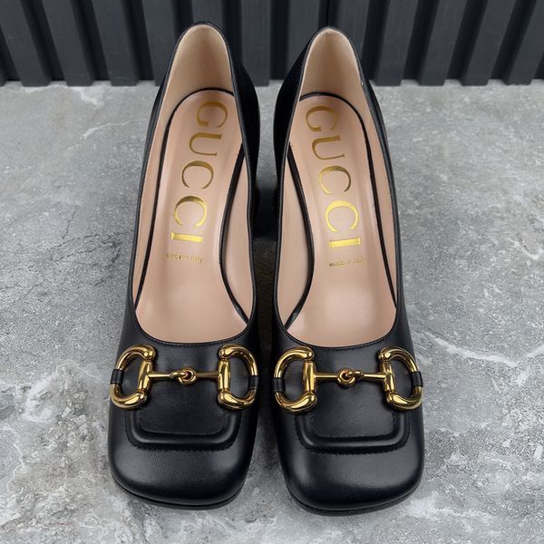 Horsebit Pumps Block Heels Black Leather