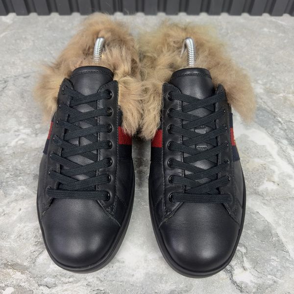 Ace Web Bee Embroidered Sneaker Black Fur Leather