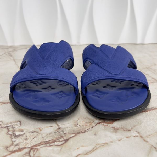LV Oasis Mule Sandals Flip Flop Logo Embossed Monogram Blue Grained Leather