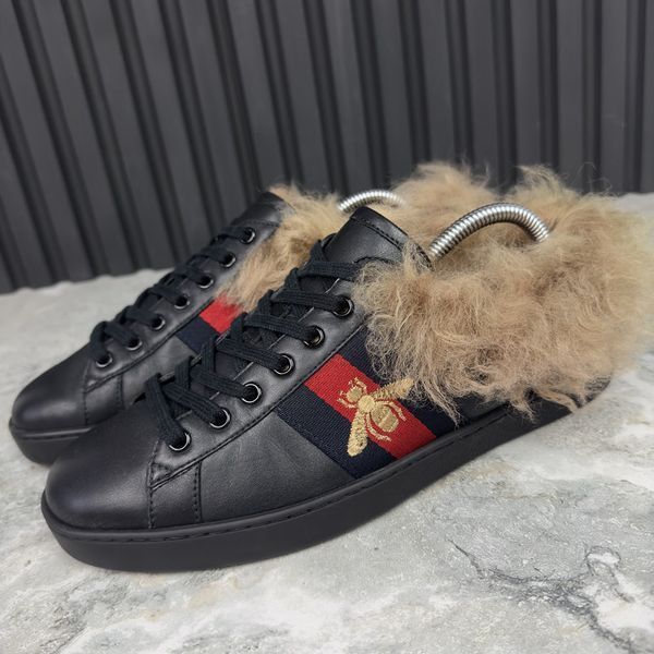 Ace Web Bee Embroidered Sneaker Black Fur Leather