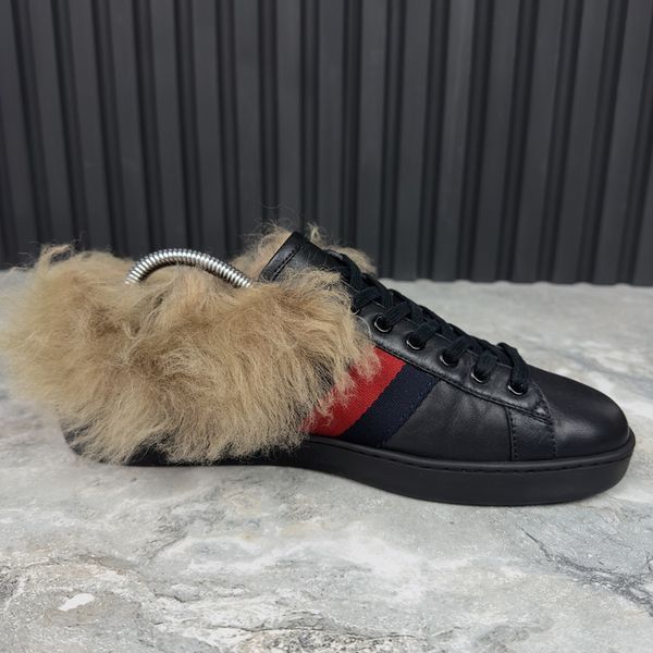 Ace Web Bee Embroidered Sneaker Black Fur Leather