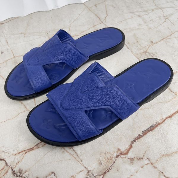 LV Oasis Mule Sandals Flip Flop Logo Embossed Monogram Blue Grained Leather