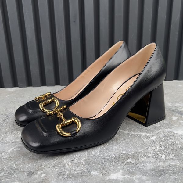 Horsebit Pumps Block Heels Black Leather