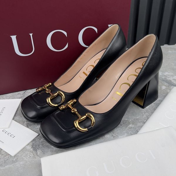 Horsebit Pumps Block Heels Black Leather