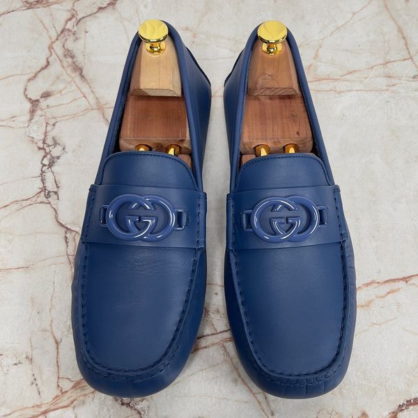 Double GG Interlocking Driving Moccasin Blue Leather
