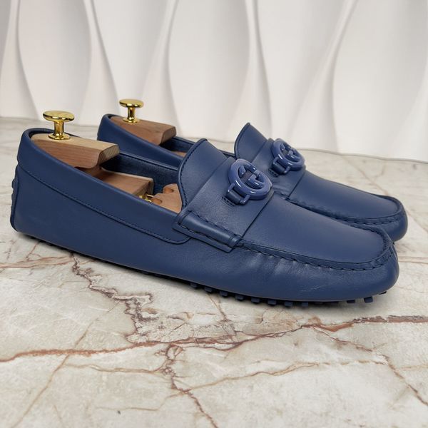 Double GG Interlocking Driving Moccasin Blue Leather