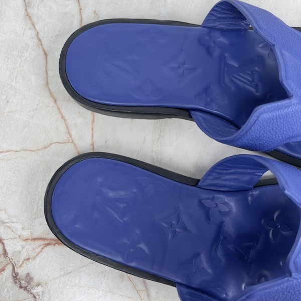 LV Oasis Mule Sandals Flip Flop Logo Embossed Monogram Blue Grained Leather