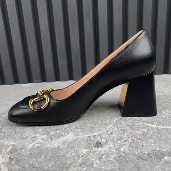 Horsebit Pumps Block Heels Black Leather