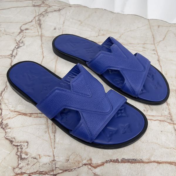 LV Oasis Mule Sandals Flip Flop Logo Embossed Monogram Blue Grained Leather