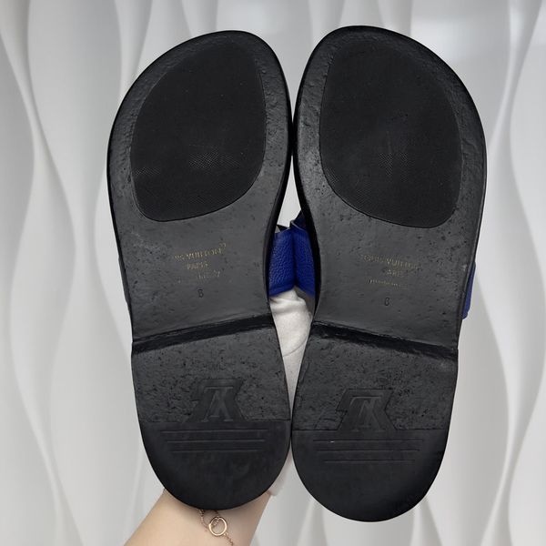 LV Oasis Mule Sandals Flip Flop Logo Embossed Monogram Blue Grained Leather